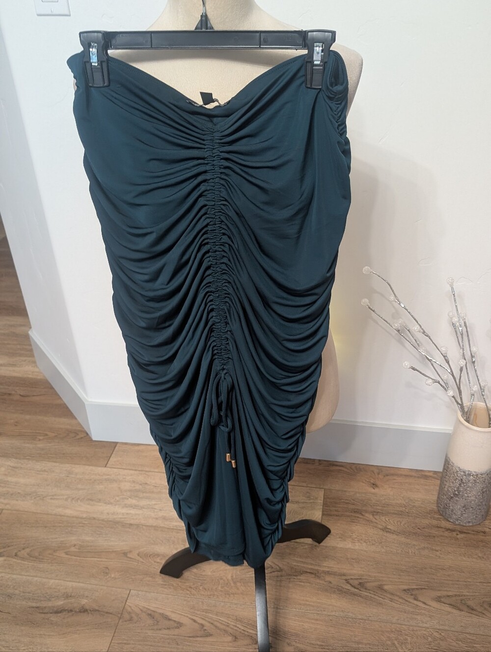 Ruched Dark Teal Pencil Skirt with Drawstring